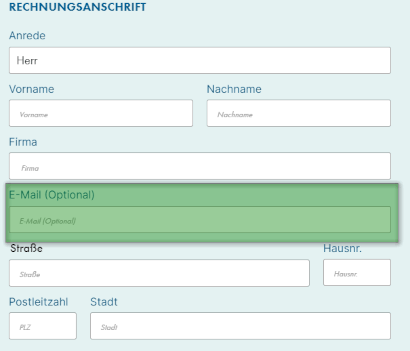 Ein Screesnshot von der Eingabe der Rechnungsadresse mit einer Markierung auf dem Feld für die optionale E-Mail-Adresse.